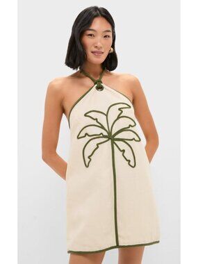 FARM Rio Sand Coconut Embroidery Halter Neck Mini Dress Sleeveless Size XL